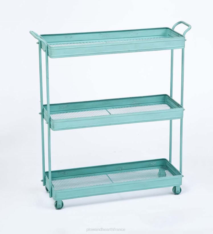 Plow & Hearth meubles chariot en métal bleu vieilli à trois niveaux avec roues 0BNZ2015