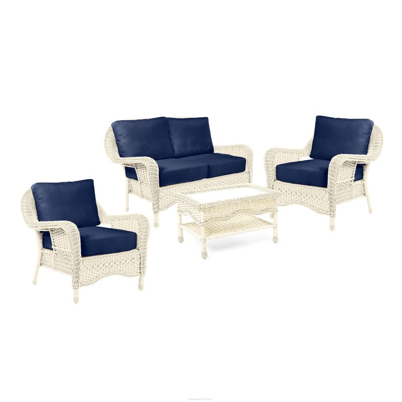 Plow & Hearth meubles Prospect Hill - Ensemble de causeuse d'extérieur en osier avec sièges profonds et coussins - blanc nuage avec coussins bleu marine minuit 0BNZ3261