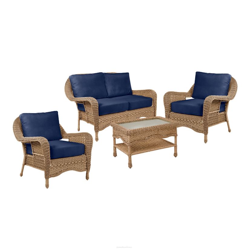 Plow & Hearth meubles Prospect Hill - Ensemble de causeuse d'extérieur en osier avec sièges profonds et coussins - blanc nuage avec coussins bleu marine minuit 0BNZ3261