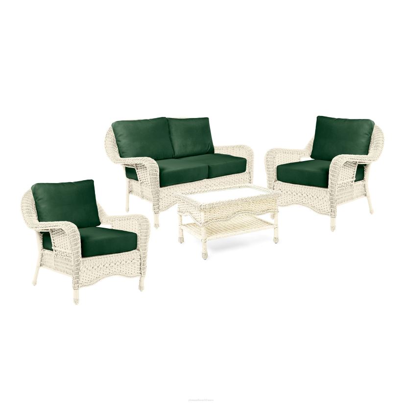 Plow & Hearth meubles Prospect Hill - Ensemble de causeuse d'extérieur en osier avec sièges profonds et coussins - blanc nuage avec coussins bleu marine minuit 0BNZ3261