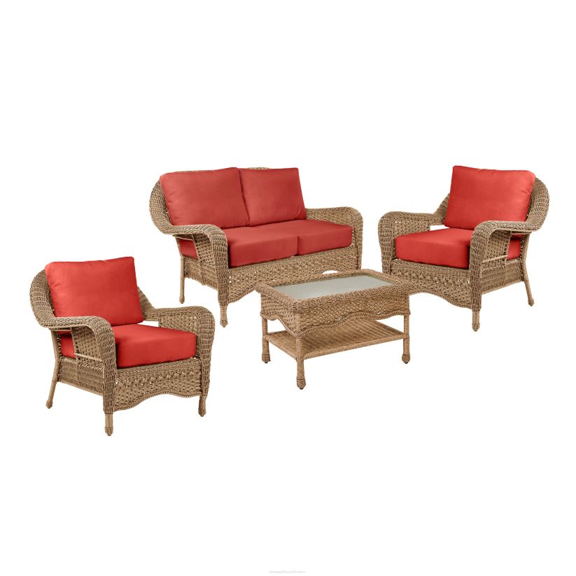 Plow & Hearth meubles Prospect Hill - Ensemble de causeuse d'extérieur en osier avec sièges profonds et coussins - blanc nuage avec coussins bleu marine minuit 0BNZ3261