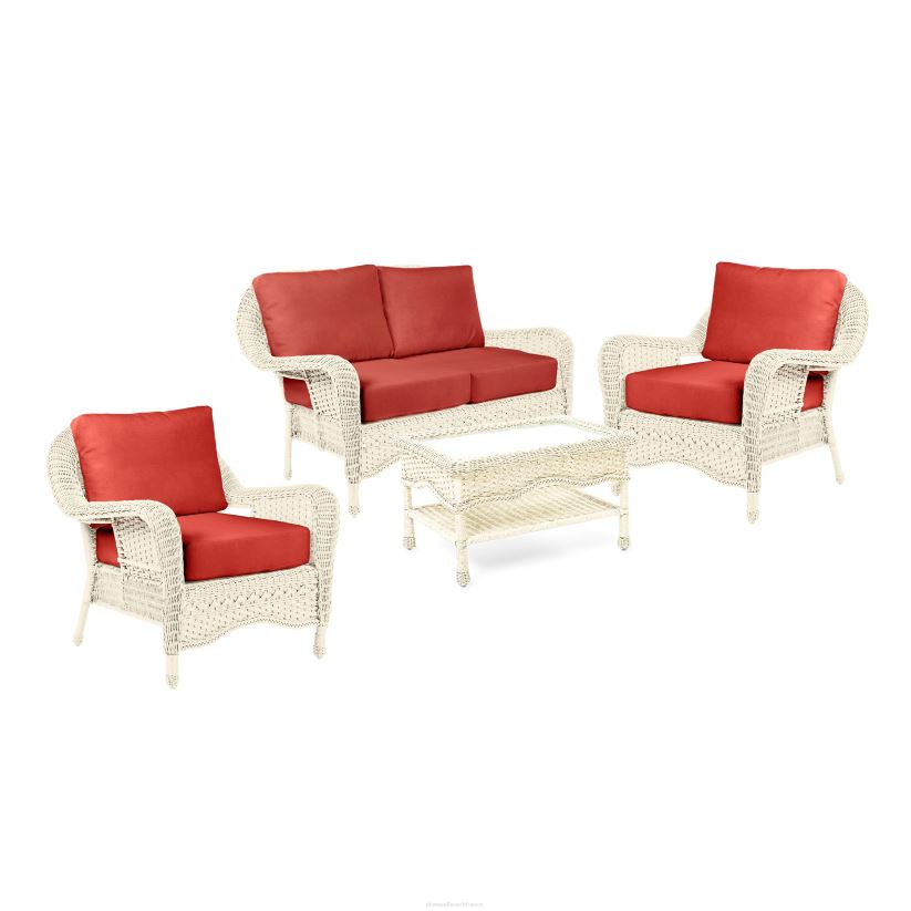 Plow & Hearth meubles Prospect Hill - Ensemble de causeuse d'extérieur en osier avec sièges profonds et coussins - blanc nuage avec coussins bleu marine minuit 0BNZ3261