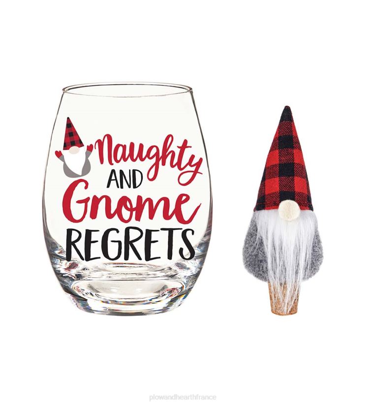 Plow & Hearth saisonniers et cadeaux vilain et gnome regrette 17 oz. verre avec coffret cadeau bouchon à vin 0BNZ2991