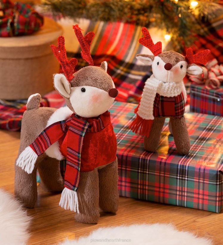 Plow & Hearth saisonniers et cadeaux Cerf des Fêtes en peluche aux accents tartan, lot de 2 0BNZ2152