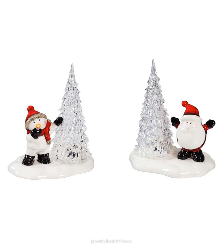 Plow & Hearth saisonniers et cadeaux bonhomme de neige et père Noël en céramique à LED avec arbres, lot de 2 0BNZ2188