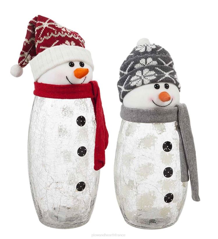 Plow & Hearth saisonniers et cadeaux bonhommes de neige en verre craquelé à LED avec chapeaux tricotés, lot de 2 0BNZ2231