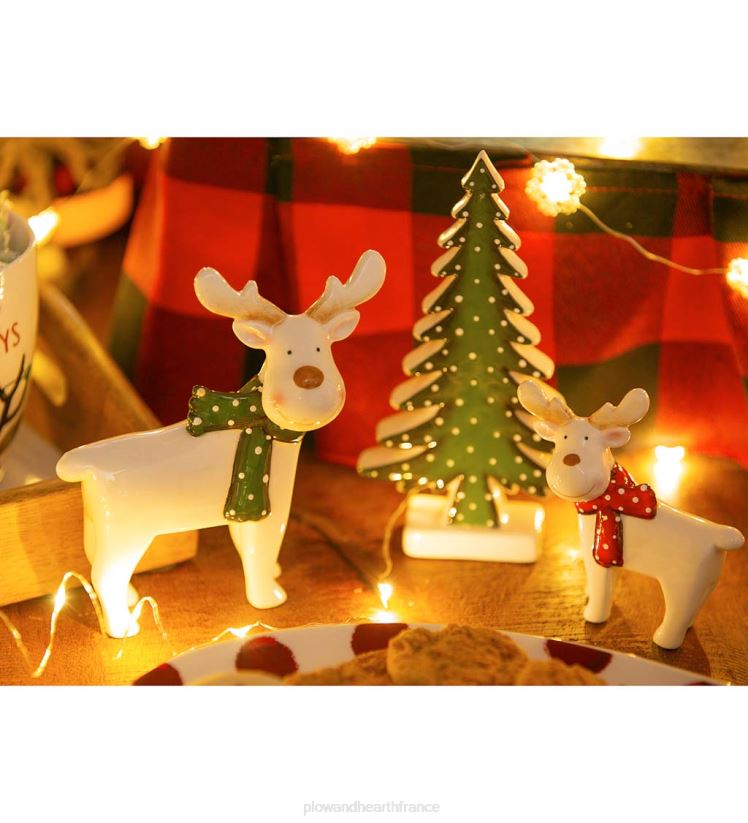 Plow & Hearth saisonniers et cadeaux décor de table en céramique avec rennes et feuilles persistantes, ensemble de 3 0BNZ2193