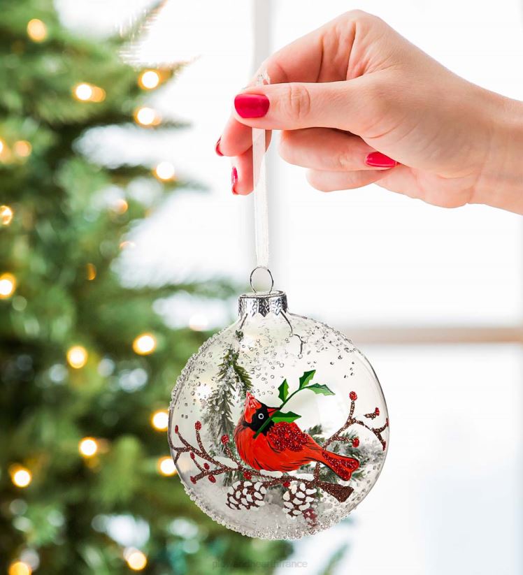Plow & Hearth saisonniers et cadeaux ornements d'arbre de Noël en verre cardinal et neige, ensemble de 2 0BNZ2248