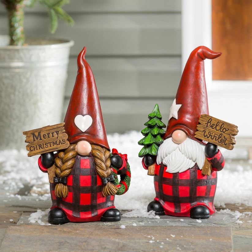 Plow & Hearth saisonniers et cadeaux statues de gnomes d'hiver à carreaux, ensemble de 2 0BNZ2253