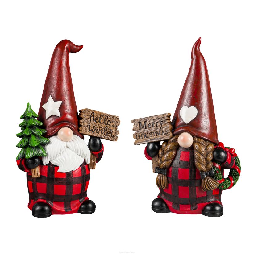 Plow & Hearth saisonniers et cadeaux statues de gnomes d'hiver à carreaux, ensemble de 2 0BNZ2253