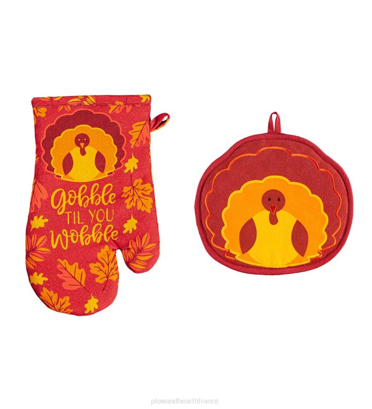 Plow & Hearth saisonniers et cadeaux ensemble de gants de cuisine et maniques saisonniers - dinde 0BNZ3085