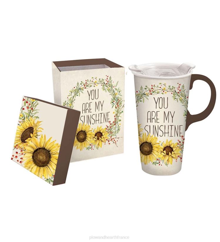 Plow & Hearth saisonniers et cadeaux tasse de voyage en céramique tournesols et soleil avec boîte et couvercle en tritan - tournesol 0BNZ3080