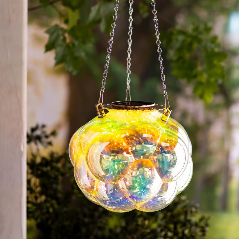 Plow & Hearth saisonniers et cadeaux Lampe solaire en verre irisé à bulles suspendues avec chaîne suspendue de 16 pouces 0BNZ3153