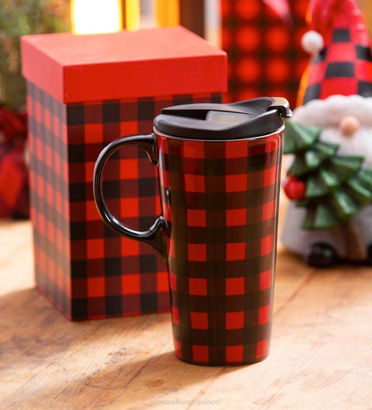 Plow & Hearth saisonniers et cadeaux plaid de buffle rouge et noir 17 oz. tasse de voyage en céramique avec boîte cadeau 0BNZ3012