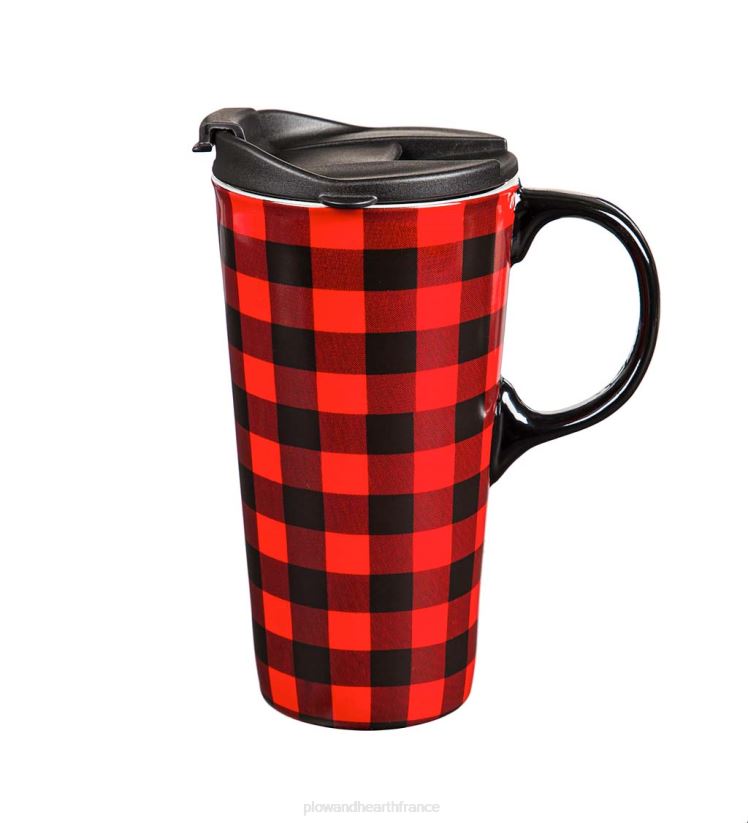 Plow & Hearth saisonniers et cadeaux plaid de buffle rouge et noir 17 oz. tasse de voyage en céramique avec boîte cadeau 0BNZ3012