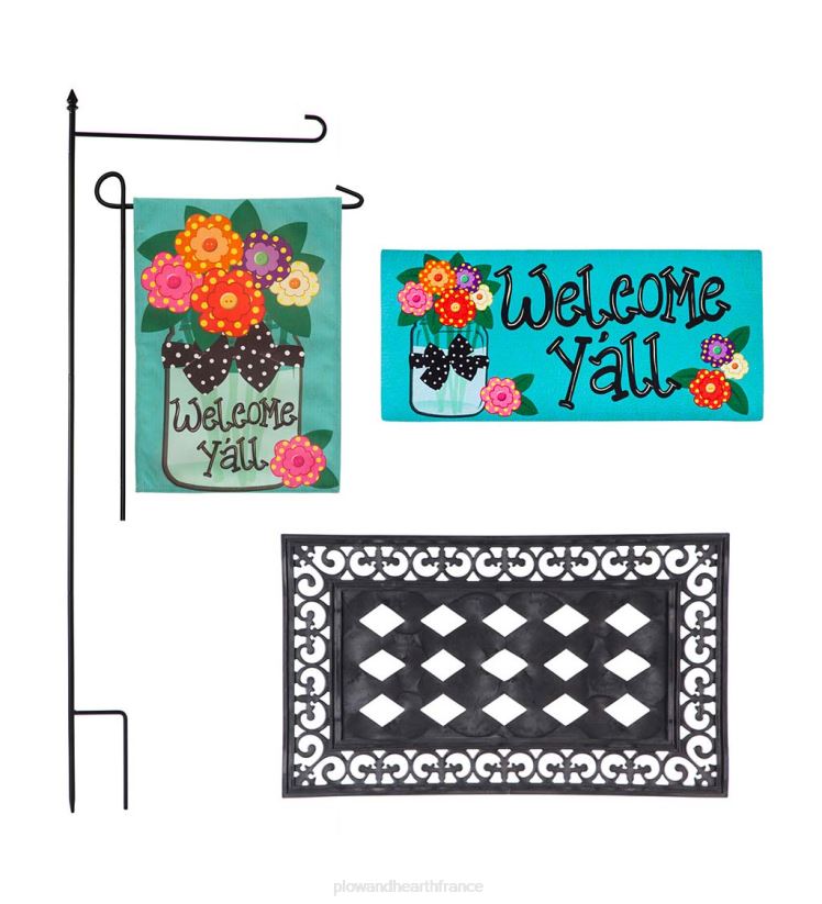 Plow & Hearth tapis et nattes Bienvenue à tous, drapeau de jardin en toile de jute et ensemble de tapis sassafras 0BNZ1966