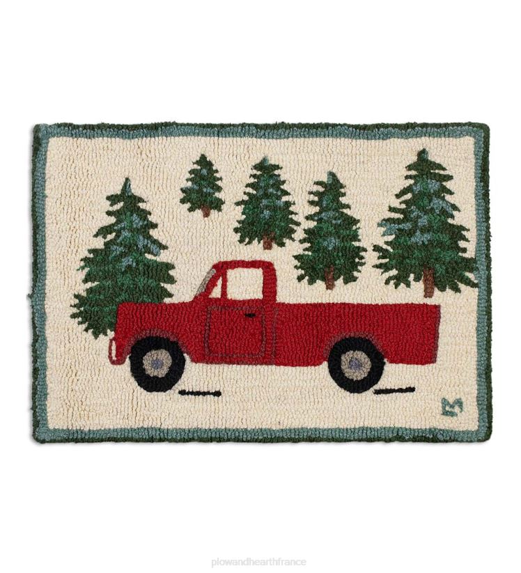 Plow & Hearth tapis et nattes camionnette rouge en laine accrochée dans un tapis d'accent de forêt à feuilles persistantes - camion rouge 0BNZ1758